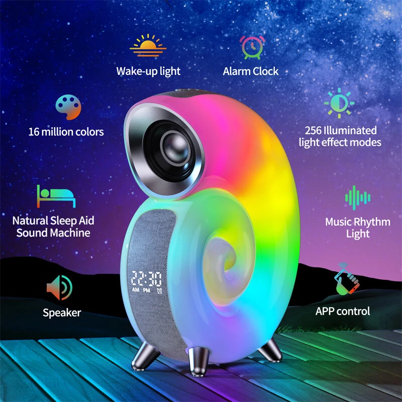 (image for) Conch RGB LED Night Light Wake Up Lamp Sleep Light Smart Atmosphere Lamp Blue Tooth Clock Alarm speaker with Stereo BT Speaker